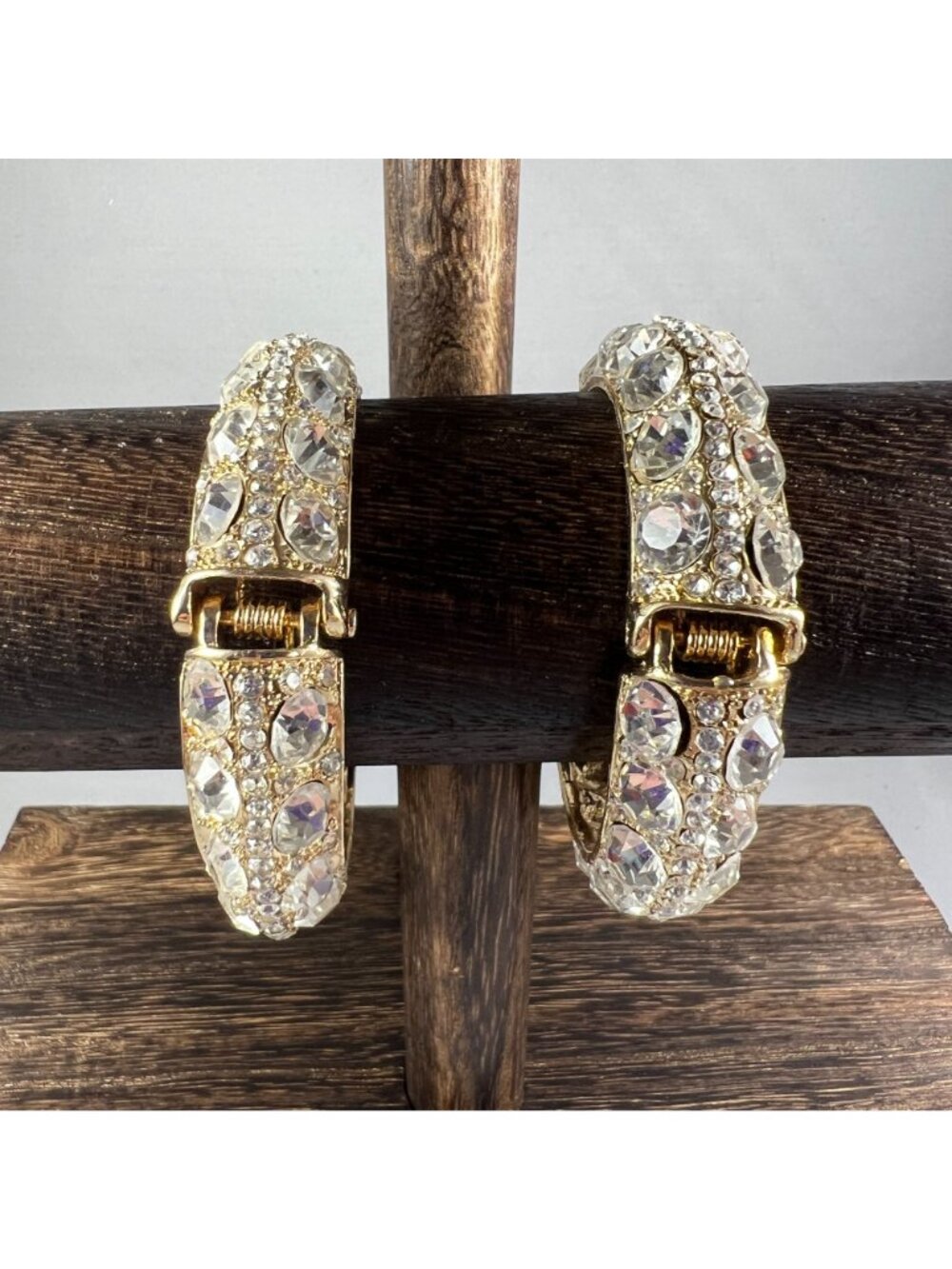 Gold-Tone Crystal Rhinestone Hinged Bangles With Oval & Round Stones - Picture 2 of 3
